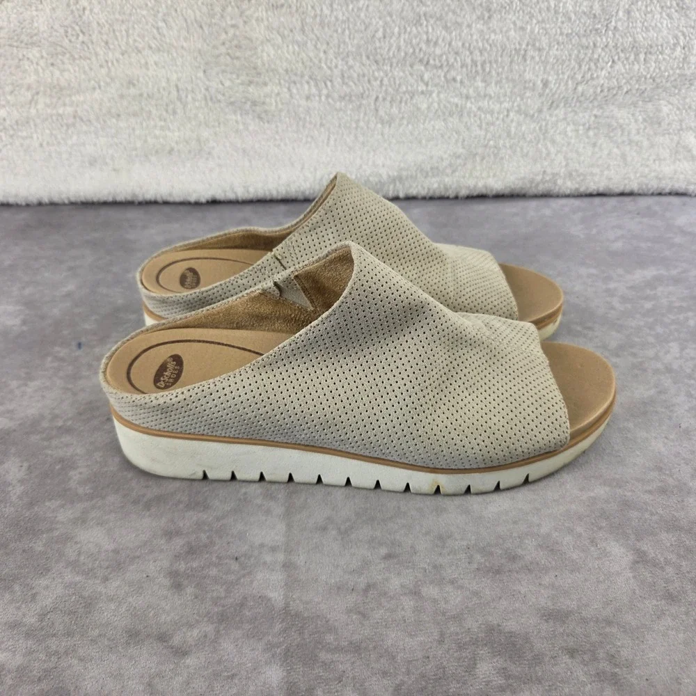Dr. Scholls Womens Beige Perforated Platform Slide Sandals Peep Toe Mule S2159